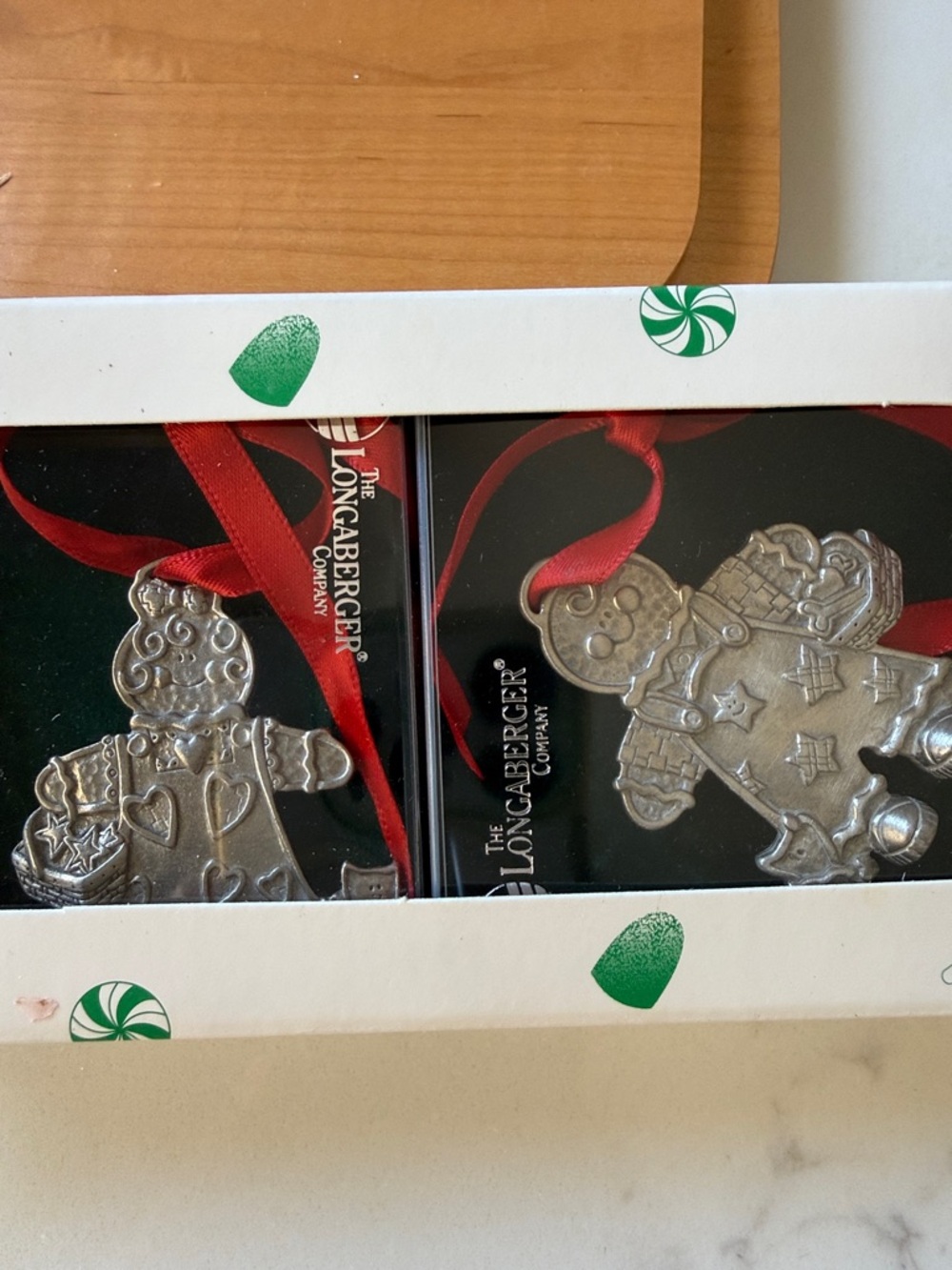 Longaberger Pewter Gingerbread Ornaments with original packaging